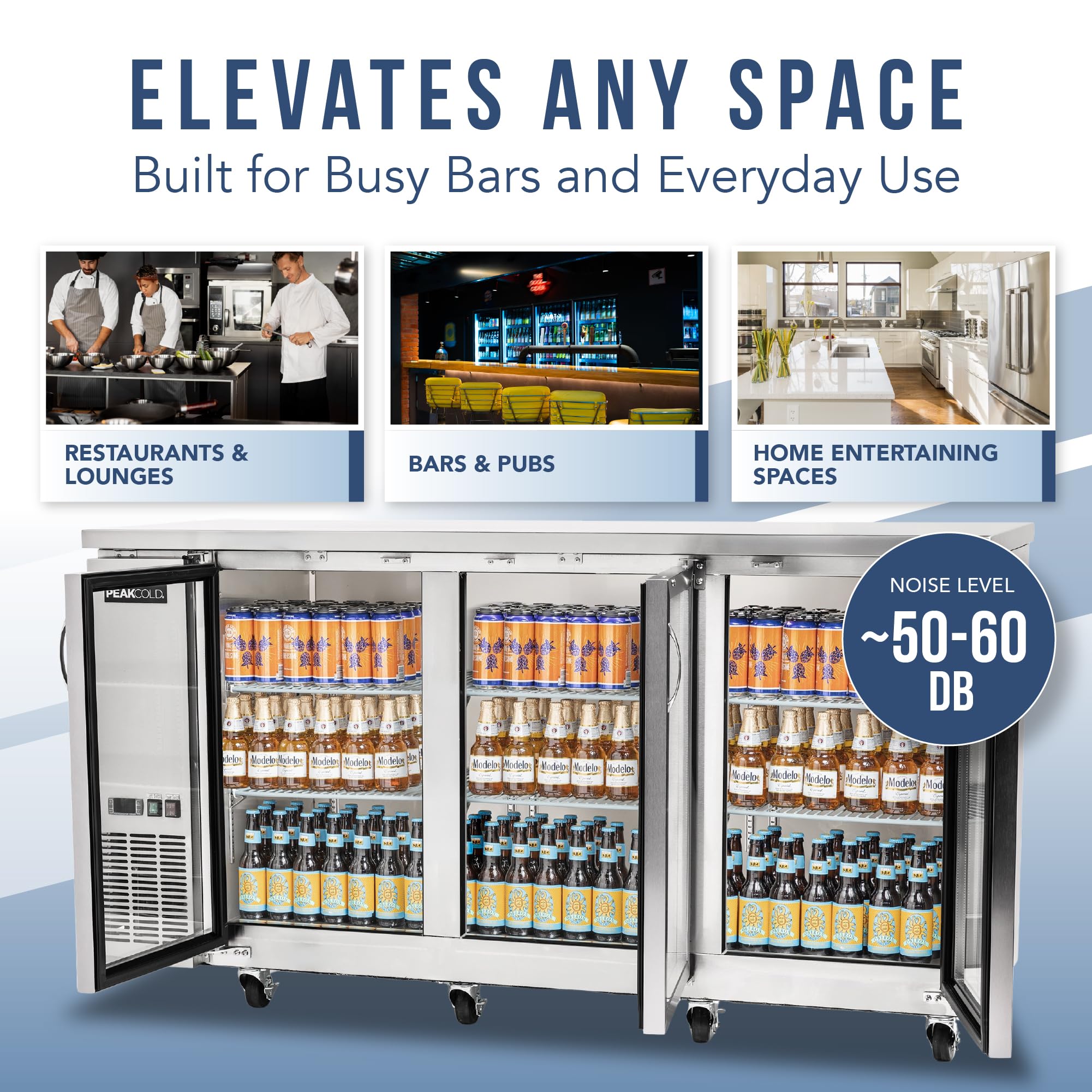 Peakcold 3-Door Counter Height Beverage Refrigerator - 73" Wide Energy Efficient Stainless Steel Beer Fridge With Glass Doors & White LED Lighting - Commercial Back Bar Cooler on Fridge.com - View 5