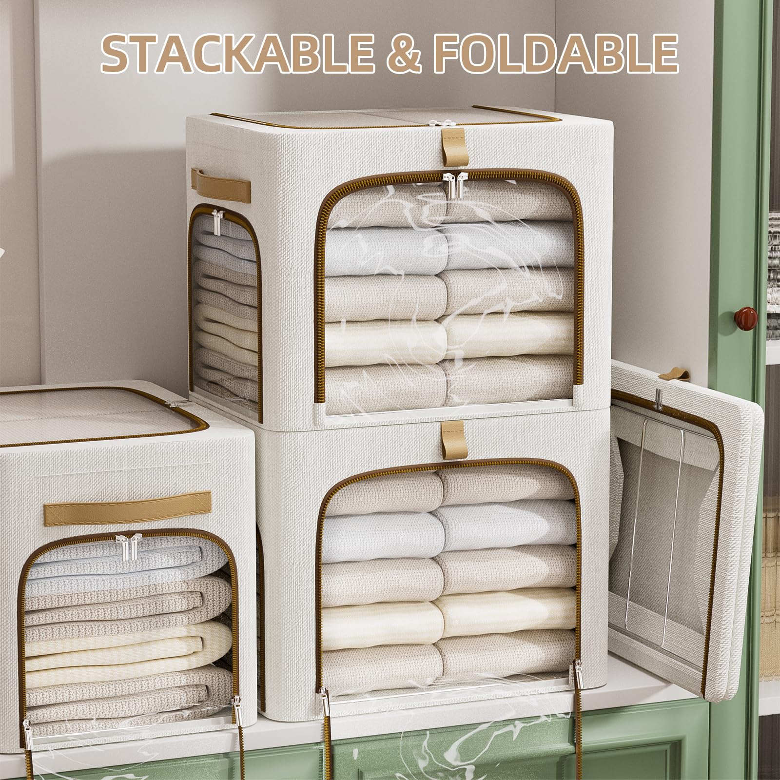 CYhom Contenitori per vestiti con struttura in metallo, 3 aperture per finestre trasparenti, confezione da 3 contenitori pieghevoli per armadio (bianco, 43 L, 43 x 12,6 x 32,6 cm)