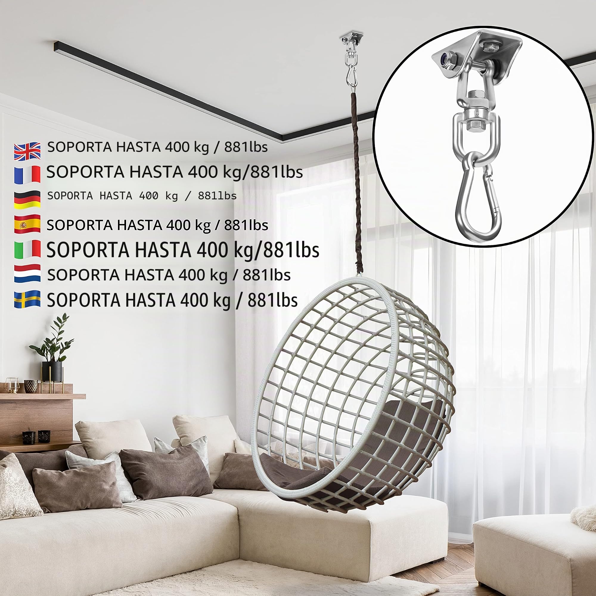 Belle Vous Resistentes Anclajes para Columpios (Pack de 2) Anclaje Pared Acero Inoxidable Gancho con Giro de 360 Grados con Tornillos - Capacidad de Carga de 400 kg para Silla Hamaca, Bolsa de Hamaca