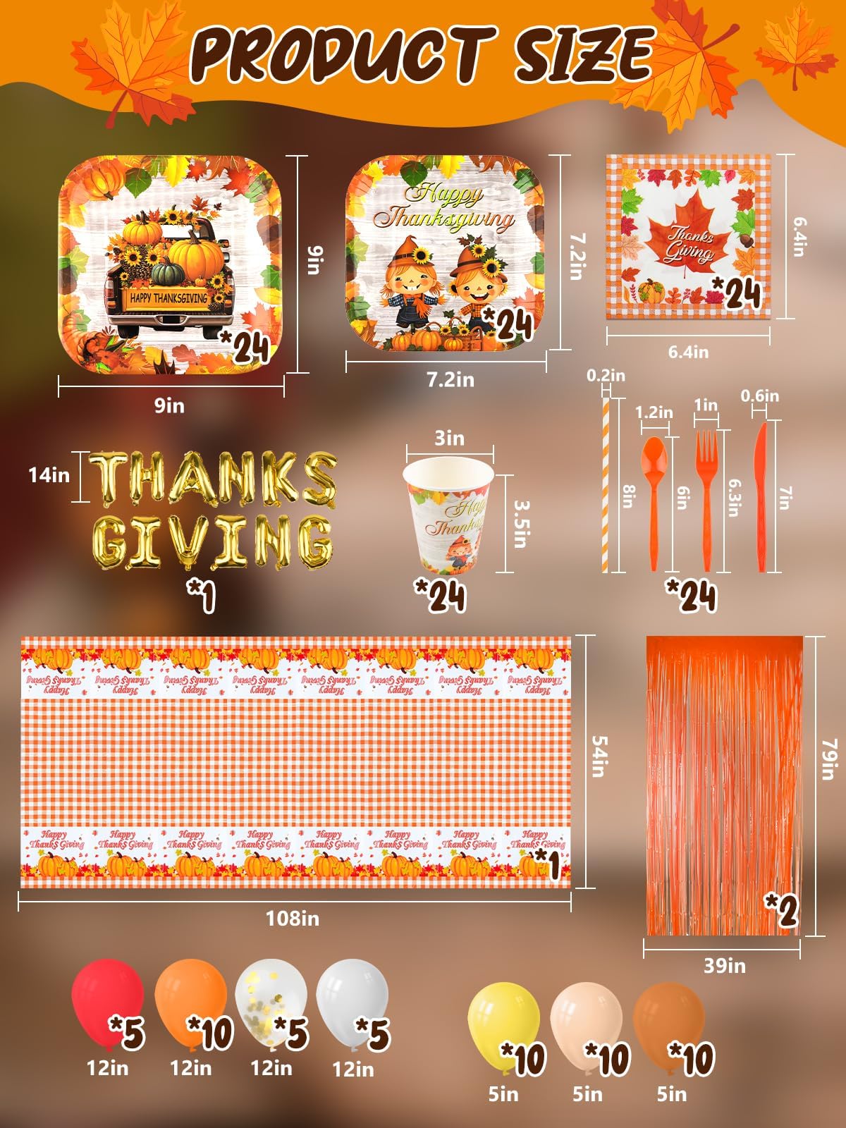 Lorvain Thanksgiving Party Supplies, 245 Pcs Fall Party Supplies Tableware Set (Serve 24) with Pumpkin Harvest Disposable Plate Cup Napkin Balloons Cutlery Tablecloth for Autumn Party Decoration