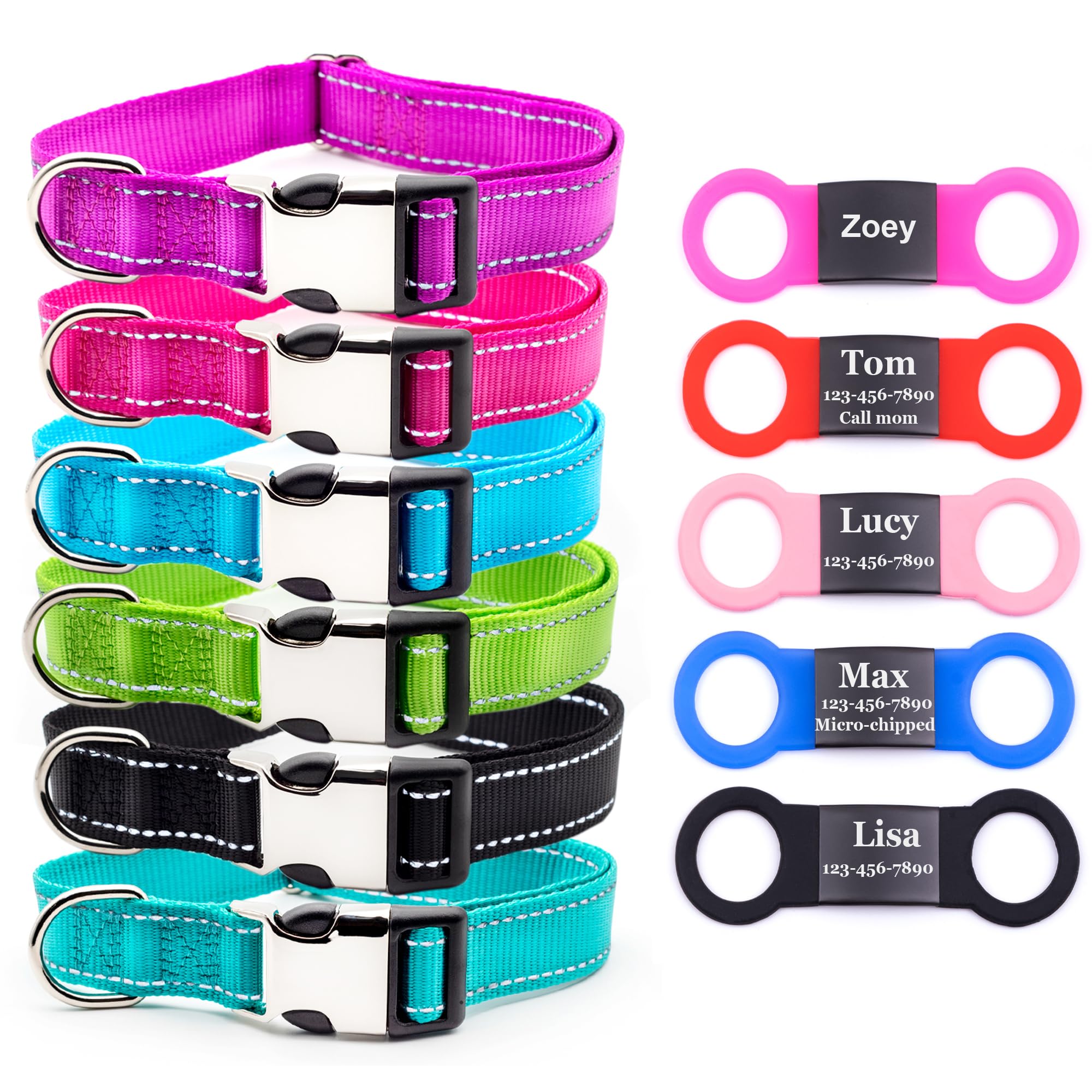 Reflective Dog Collar with Classic Custom Engraved Black Plate with Customized Text for Large Medium Small Dogs