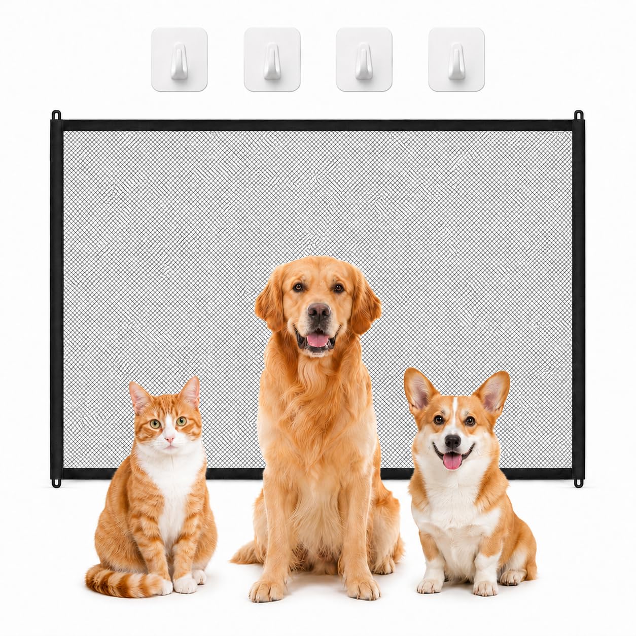 110x72cm Dog Gates Indoor Extendable No Drilling & Mesh Stair Gate; Durable Safety Barrier for Small Medium Dogs, Easy Install Folding Net Fence for Hallways, Doorways & RV Travel.