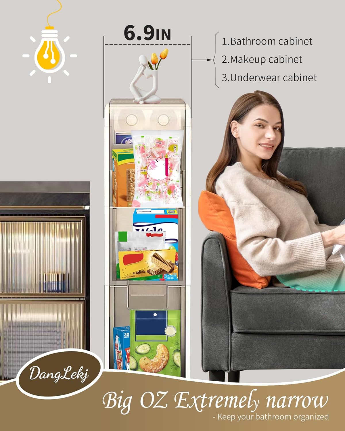 3 Tier Bathroom Floor Cabinet, Vertical Storage Unit with Clear Drawers and Casters, Large Capacity Narrow Tall Slim Storage Tower Waterproof Toilet Paper Storage Cabinet for Small Spaces Gaps