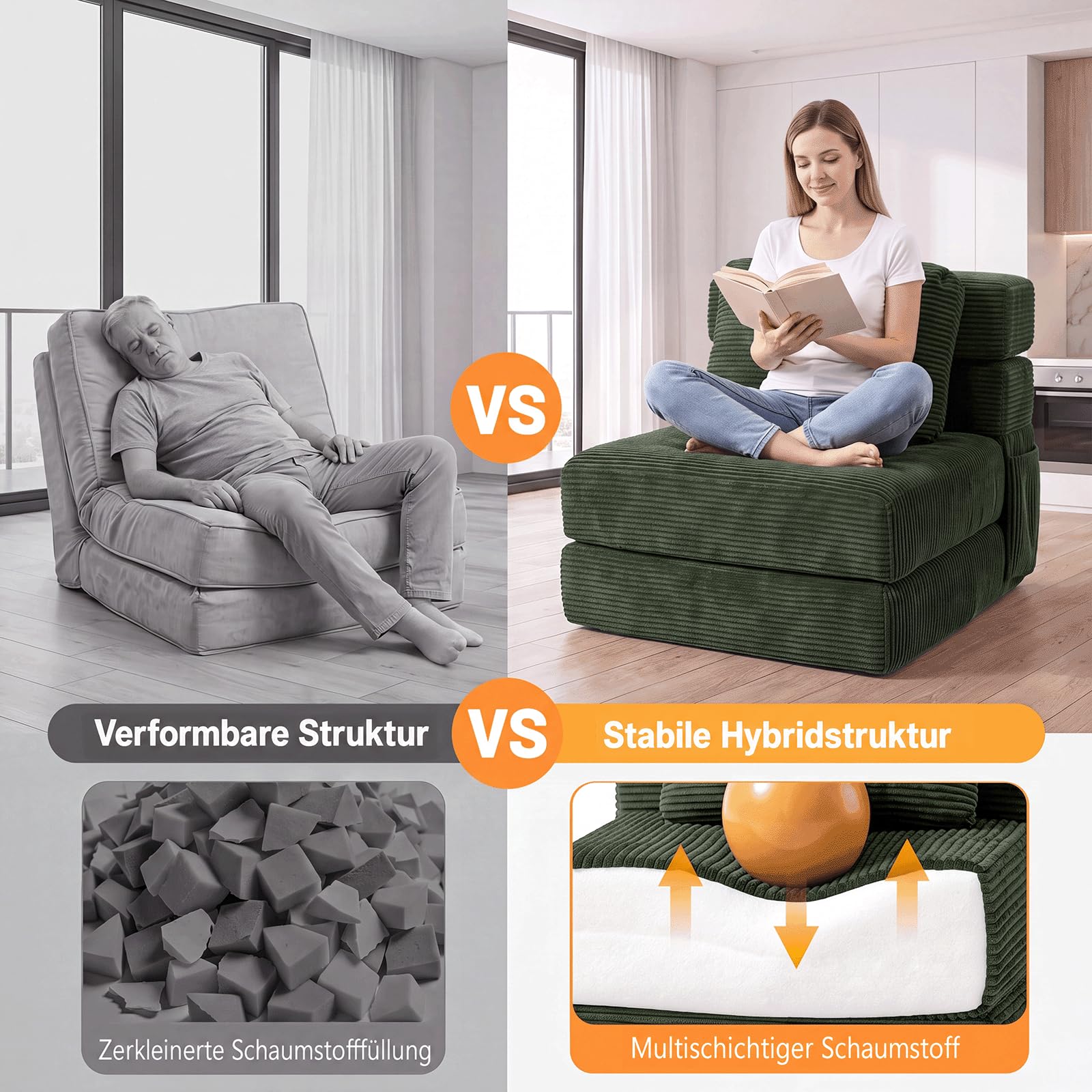 Fabulcozy Wandelbares Sofa 4 in 1, klappbarer Sessel mit Seitentasche, Komfortschaum, Cordbezug, Kissen und Kopfstütze, für Wohnzimmer oder kleine Räume,Grün