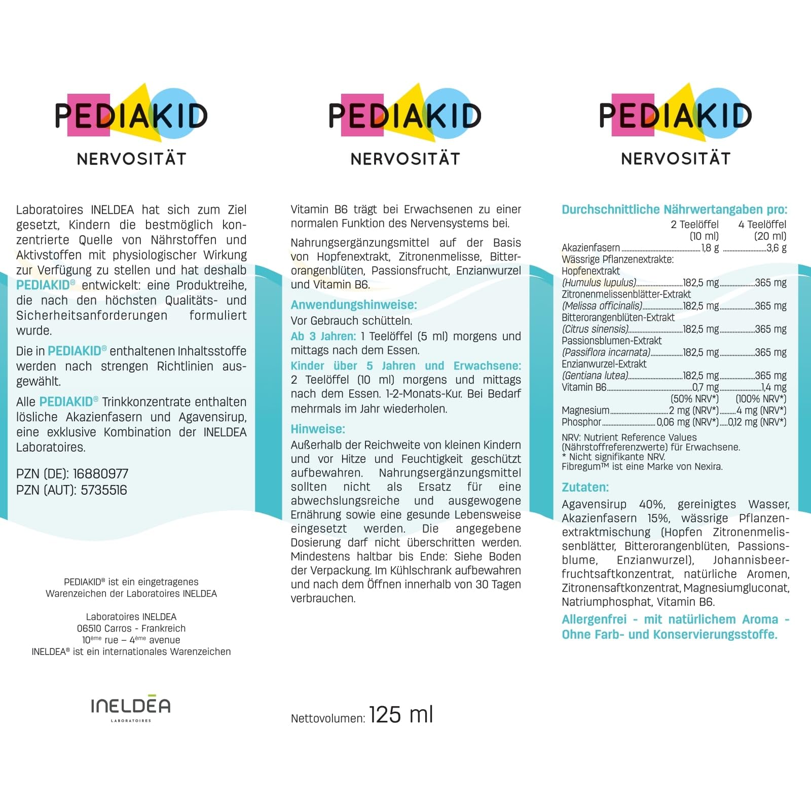 PEDIAKID - Nervosität Sirup - Natürliche Nahrungsergänzung - Exklusive Formel mit Agavensirup - Fördert die Beruhigung - Reduziert die Unruhe - Aroma Schwarze Johannisbeere - 3 Flaschen à 125 ml