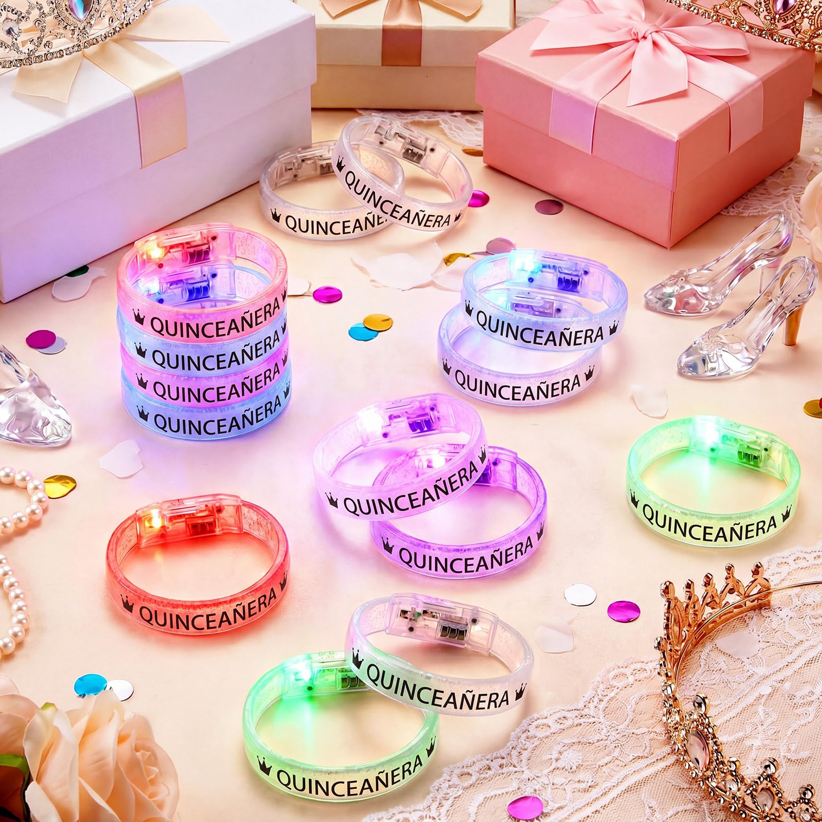 Paquete de 36 pulseras de quinceañeras que brillan en la oscuridad con luz LED, suministros de fiesta, regalos de fiesta de cumpleaños, recepciones, celebraciones, regalo
