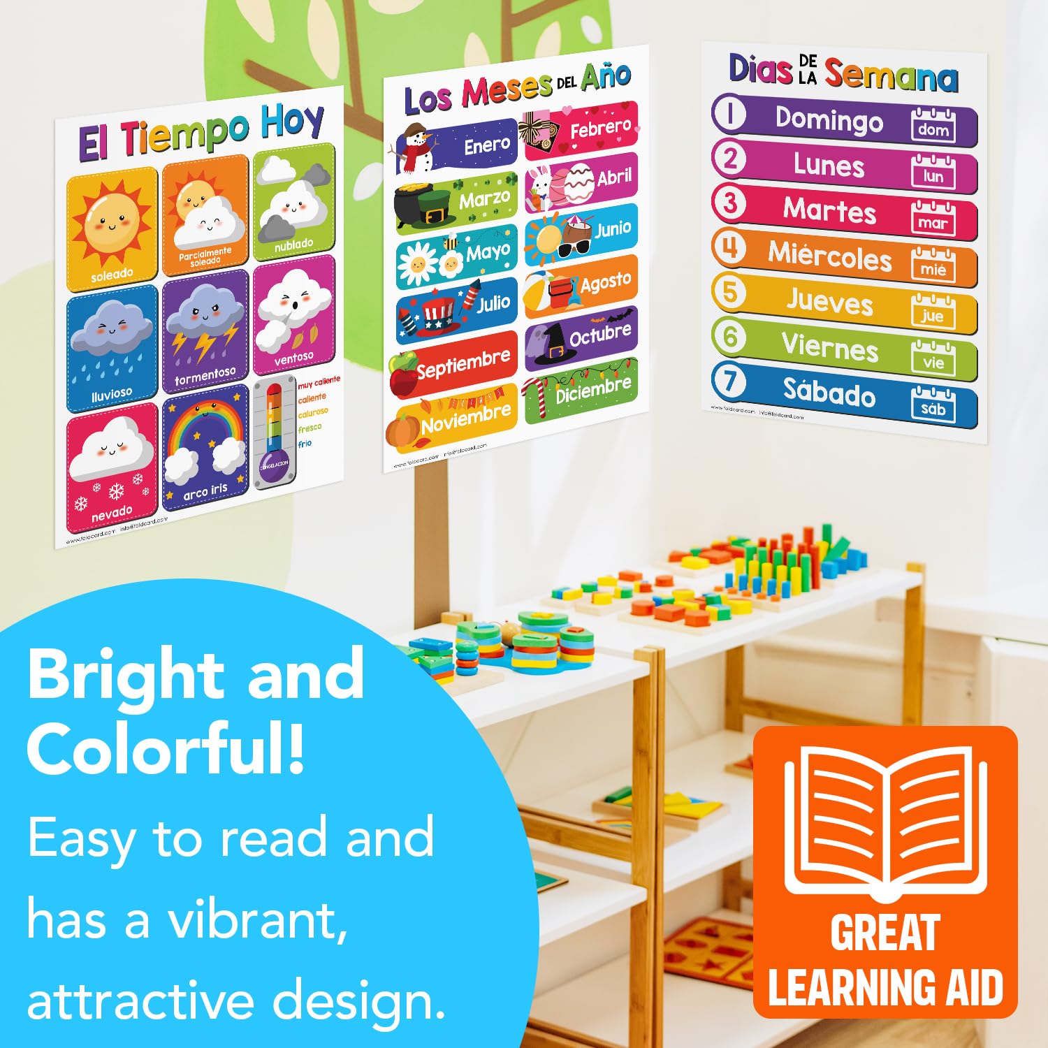 Pósteres educativos españoles para niños, paquete de 10 decoraciones bilingües para el aula y la escuela en casa, materiales escolares, preescolar hasta grado 3, cartulina duradera y brillante, 8.5 x
