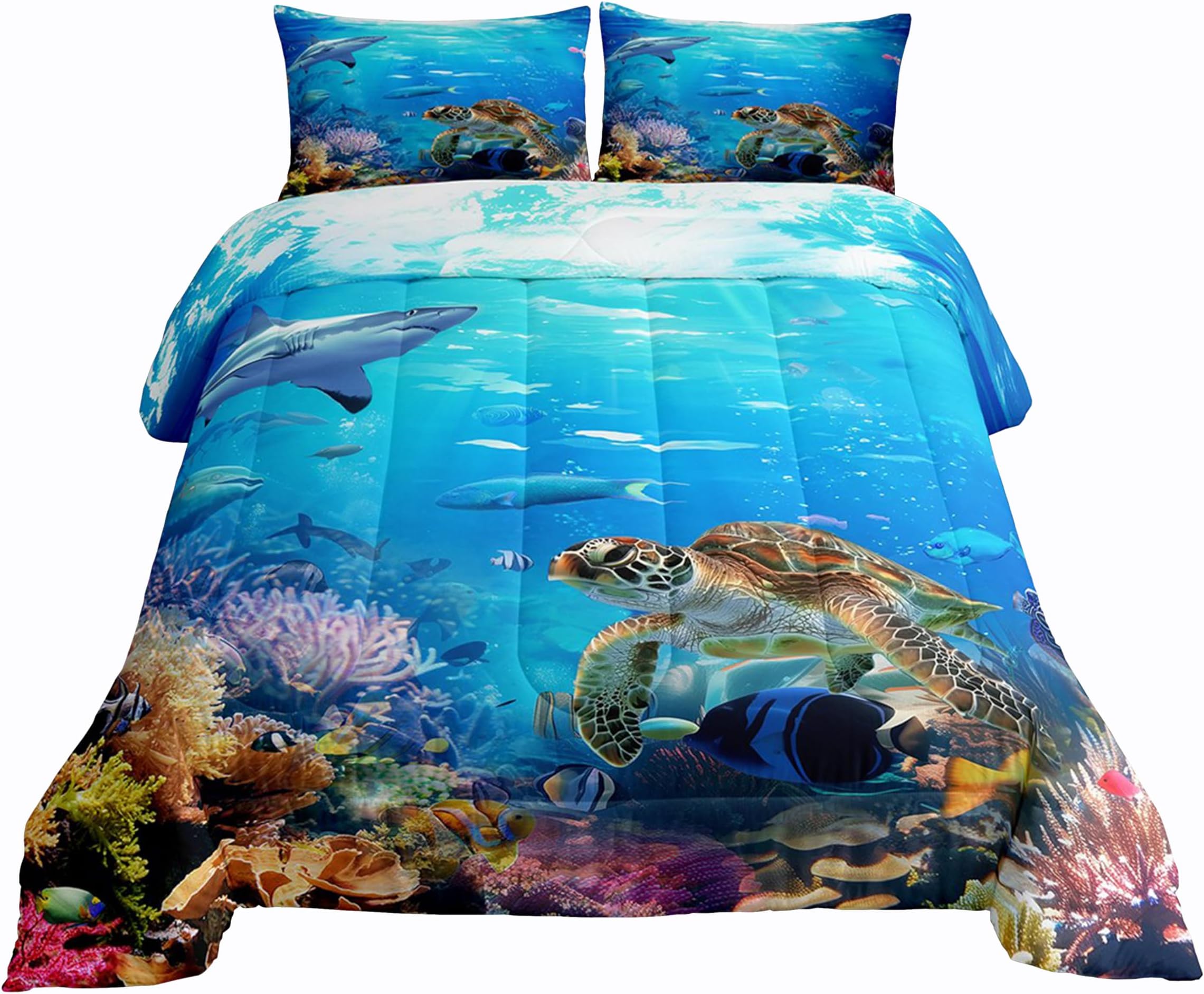 Erosebridal Sea Turtle Comforter Set Full Size,Shark Bedding Set,Ocean Animals Fishes Down Comforter,Tortoise Rainbow Coral Duvet Insert,Home Textiles Comforters for Teens Boys Girls
