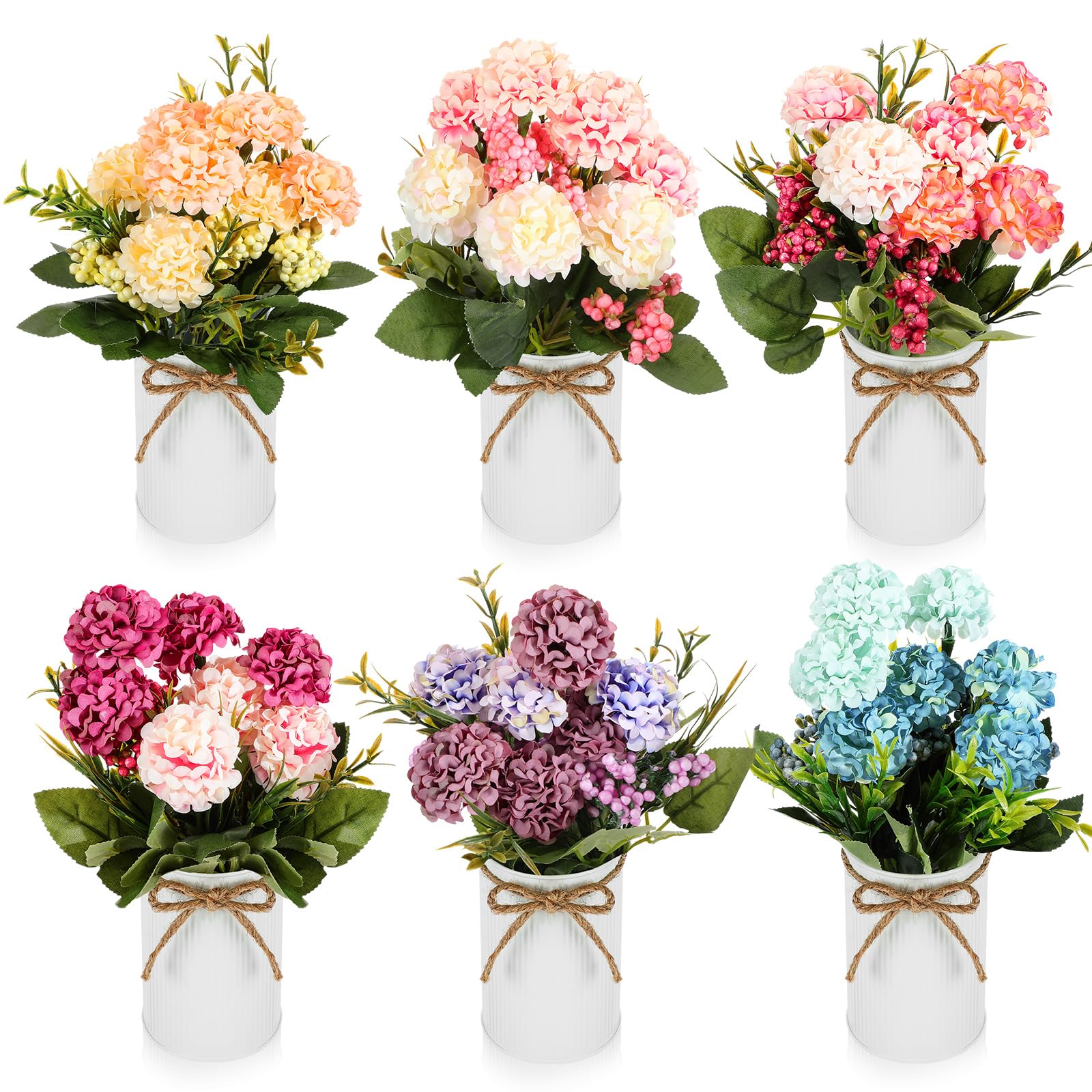 6 Sets Summer Spring Table Centerpieces Decor Artificial Hydrangeas with Vase and Hemp Rope Flowers Floral Arrangement Faux Flowers Fake Hydrangea Bouquets for Table Home Office Party Wedding