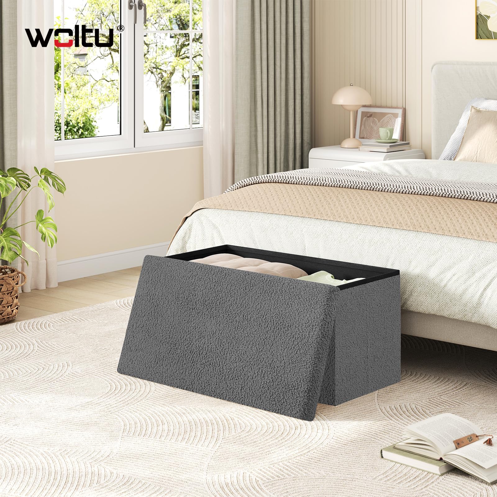 WOLTU Taburete Almacenaje Plegable, Baúl Almacenamiento, Taburete Puff Reposapiés para Sofá y Cama, con Tapa Extraible, Tapizado en Tela Polar Teddy, 80 L, 76x38x37 cm, Gris Oscuro
