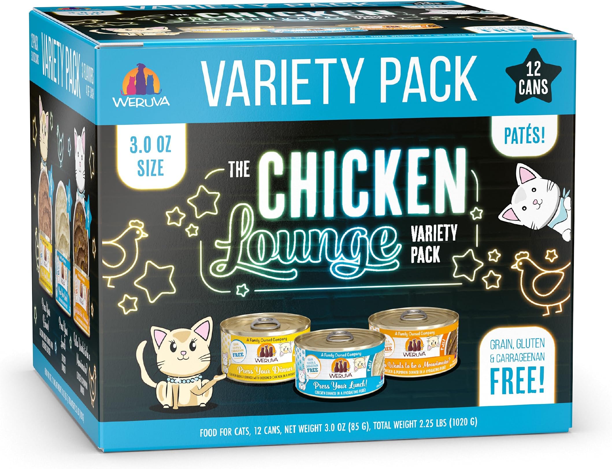 Weruva Wet Cat Food, The Chicken Lounge Paté Variety Pack, 3oz Can, Pack of 12