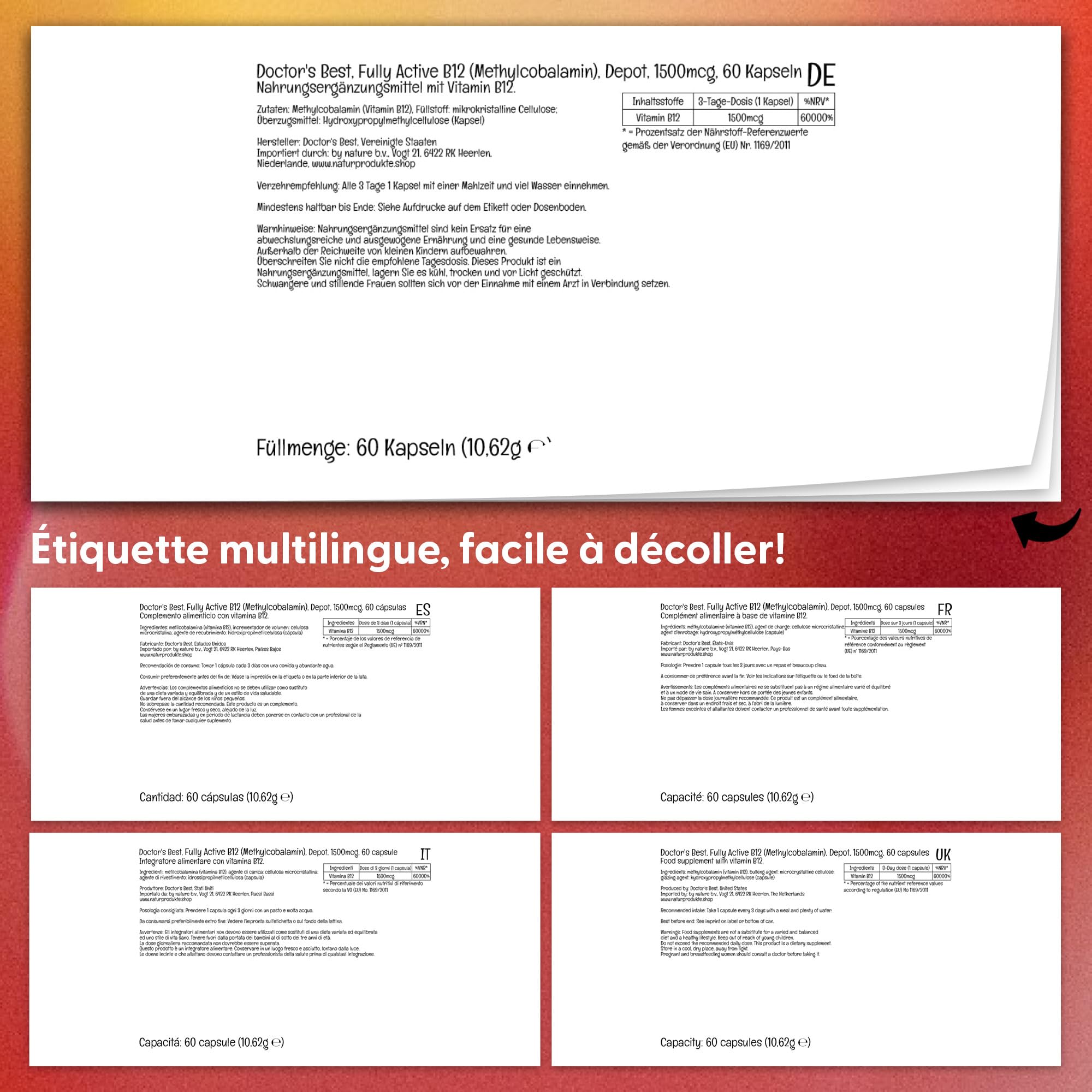 Doctor's Best, Fully Active B12 (B12 Entièrement Active), 1.500mcg, Dépôt de 3 Jours, 60 Capsules végétaliennes, Testé en Laboratoire, Vitamine B12, Sans Gluten, Sans Soja, Végétarien