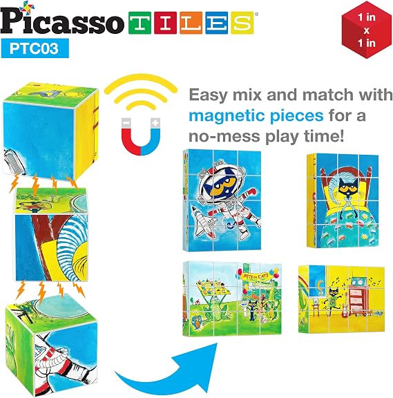 PicassoTiles Magnetic Tiles Pete the Cat Magnet Puzzle Cube Set 6 Cartoon Theme Mix and Match Brain Teaser STEM Educational Toy for Kids Toddlers Preschool Age 3 Plus Sensory Learning Play Kit PTC03