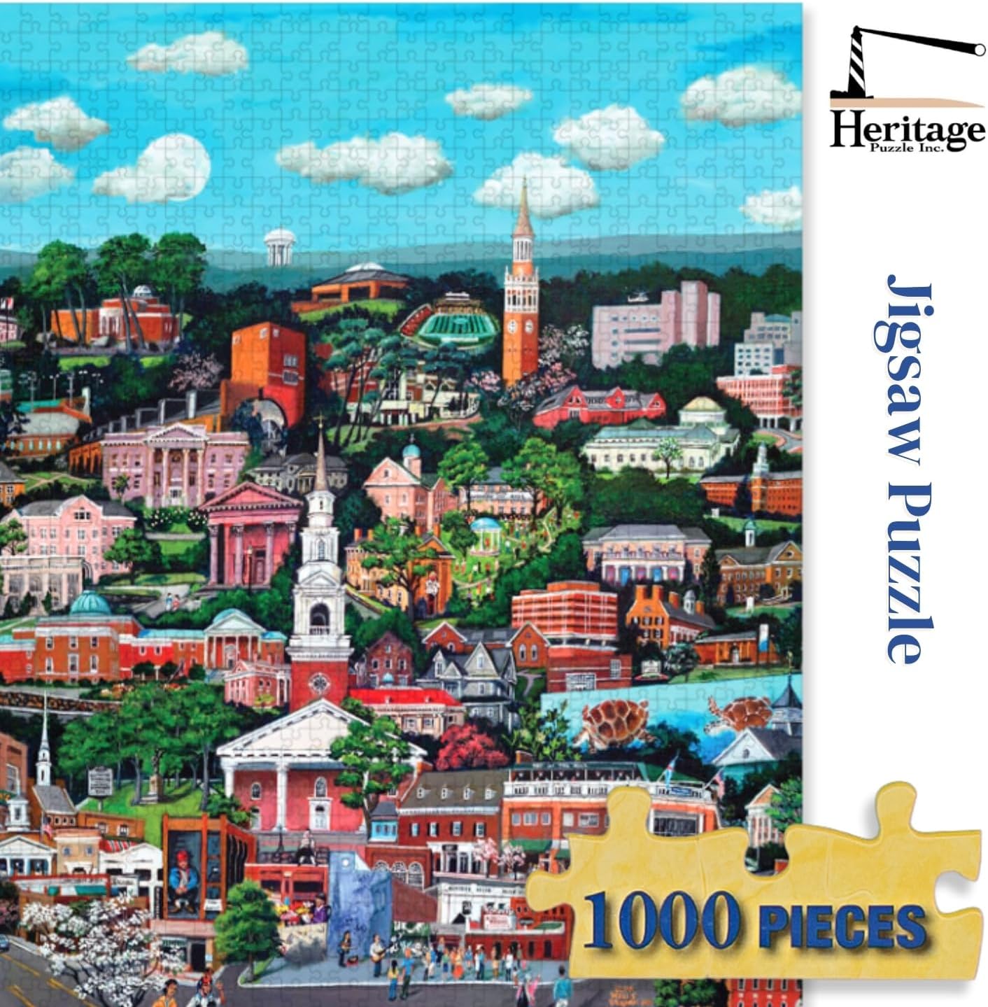Heritage Puzzle - Chapel Hill by Susan Wells Vaughan 1000 Piece Puzzles for Adults - Skyline and Cityscape Montage of University Landmarks, Frameable Jigsaw Puzzle 30" x 24" Finished Size