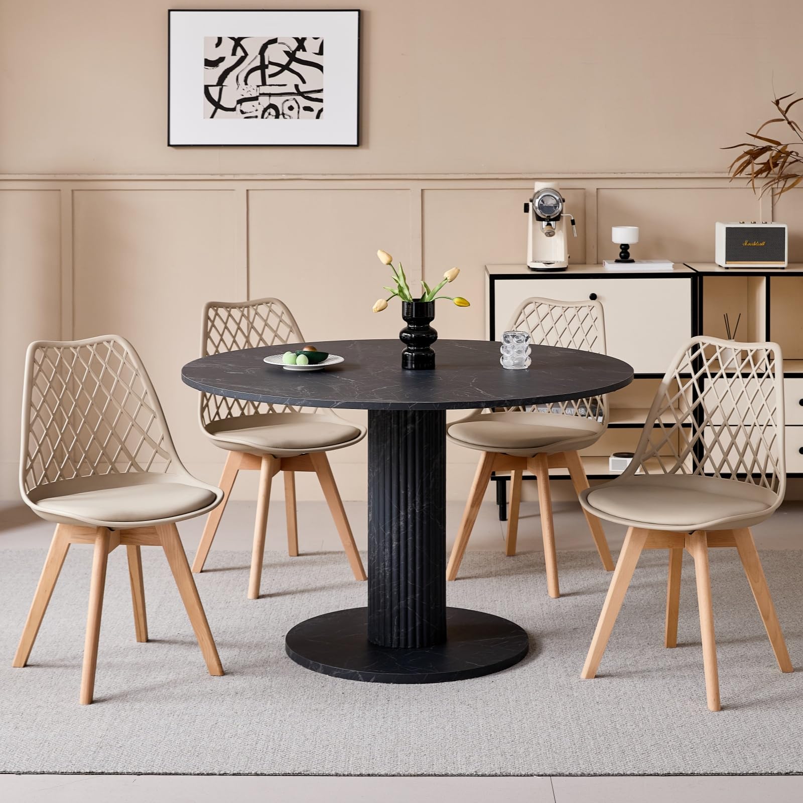 Runder Esstisch mit zylindrischen Tischbeinen, Marmoroptik, Moderner Minimalistischer Esstisch für Wohnzimmer oder Küche, 115 x 115 x 75 cm – Schwarzer Marmor