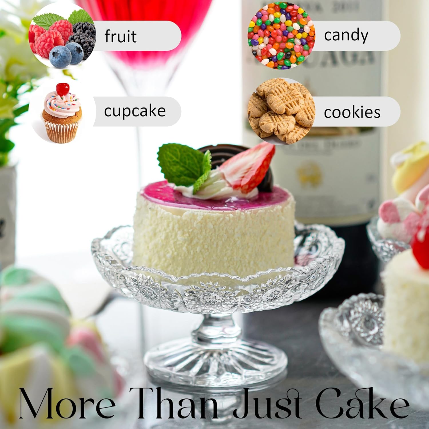 kanpura set of 6 glass cake plate dessert stand, crystal cupcake plate server and clear crystal honey jar with dipper and lid