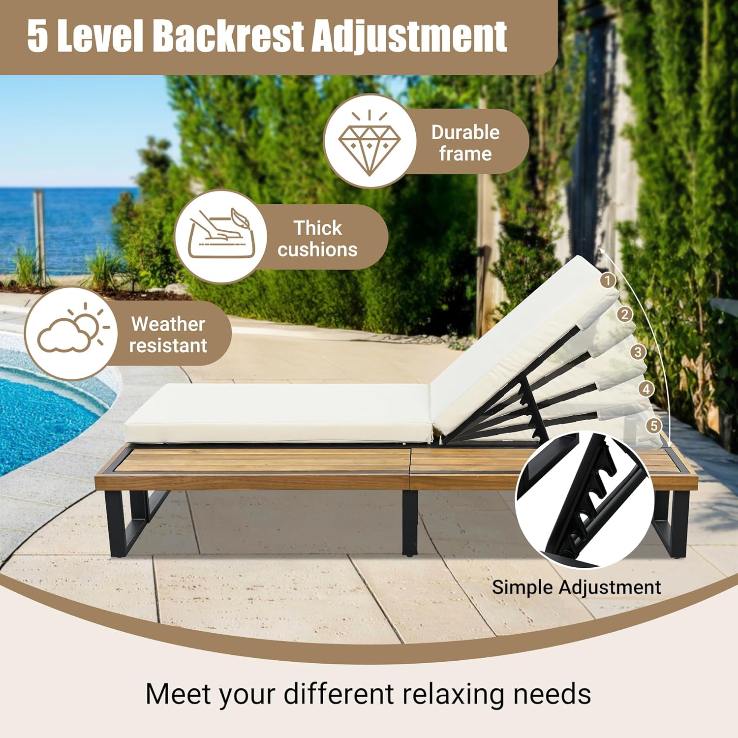 Merax Patio Lounge Chair Recliner Chair with Wood Side Table, Outdoor Wood 5-Position Reclining Chaise with Adjustable Backrest and Cushions for Pool, Porch, Lawn, Garden, Backyard, Beige Cushion