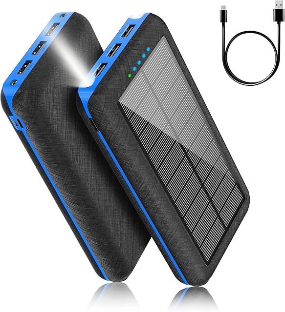 Solar Power Bank 30000mAh Battery Pack Charger Camping Waterproof External Backup Charge with 3 Outputs 2 Input LED FlashlightBlue