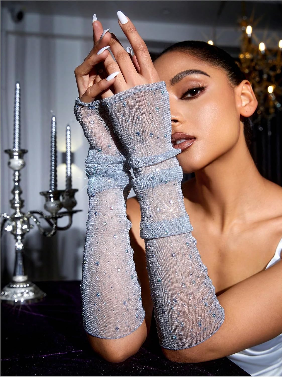 Floerns Women's Rhinestone Sparkly Fingerless Gloves Mesh Sheer Wedding Arm Gloves