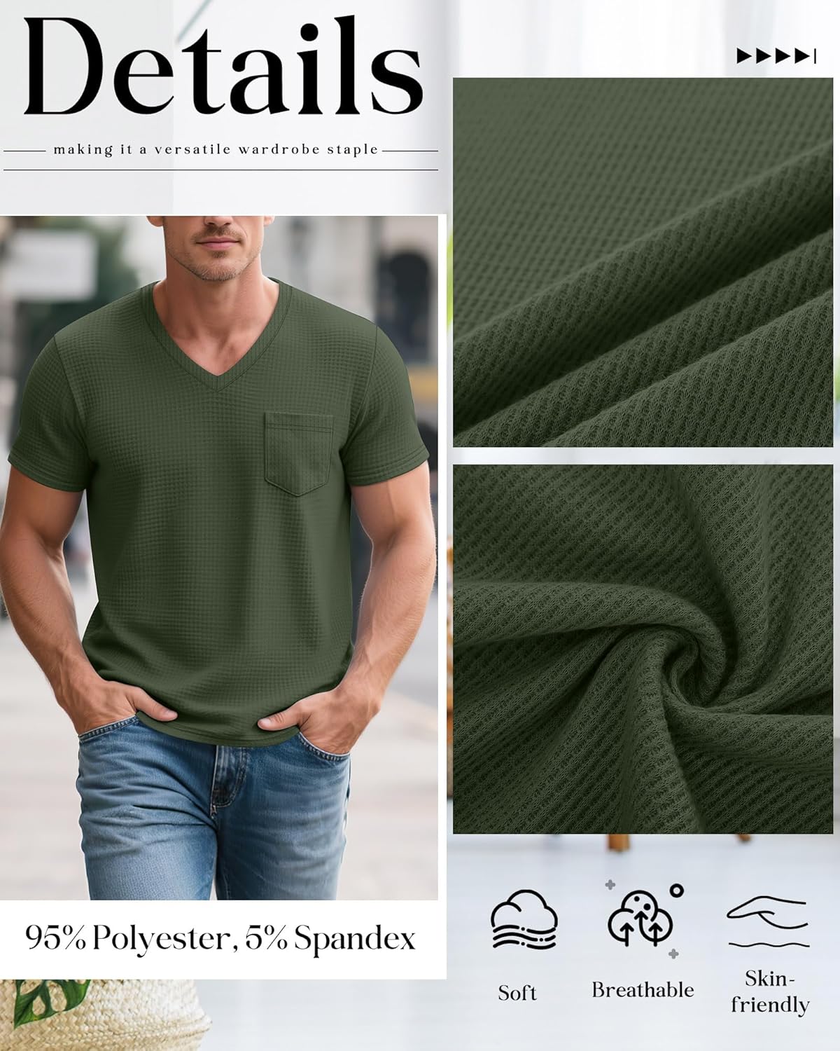Huukeay 3 Pack Men's Waffle Shirts V Neck Tee with Pocket Short Sleeve Textured Knitted Summer Casual Basic Tops - Image 2