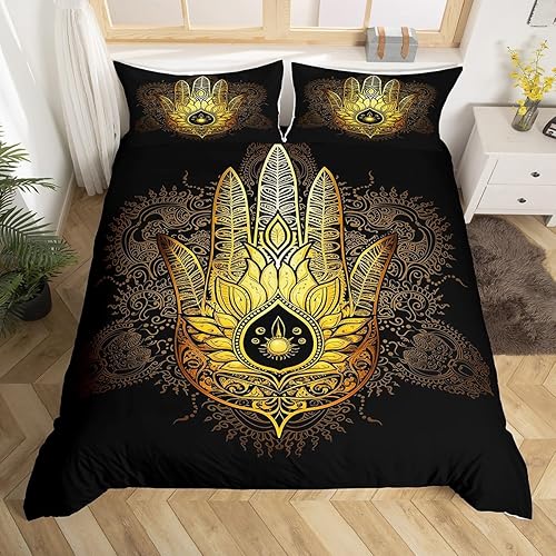 Juego de funda de edredón de mano dorada Hamsa tamaño Queen, juego de ropa de cama con temática de mandala gótico de 3 piezas para decoración de