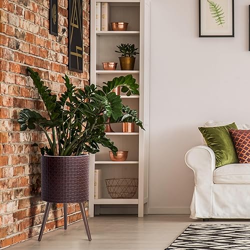 Miniatura 5 de D'vine Dev Maceta moderna de 14 pulgadas con patrón geométrico de azulejos con soporte, soporte decorativo para plantas para interiores y