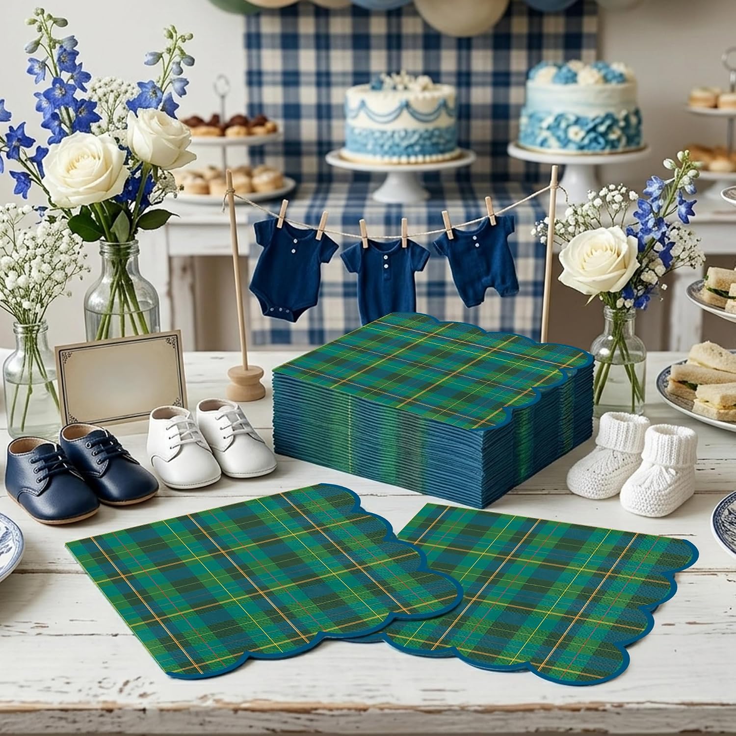50PCS Vintage Blue Green Plaid Napkins, Classic Preppy Disposable Paper Napkins for Birthday, Baby Shower Supplies