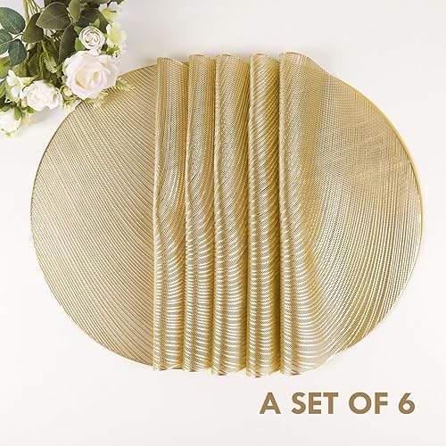 Miniatura 6 de Juego de 6 manteles individuales dorados de vinilo prensado de línea redonda de 15 pulgadas, lavables para comedor, boda, centro de mesa, decoración