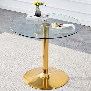 Round Glass Dining Table for 4, 35 Round Dining Table with Tempered Glass Top and Gold Metal Base, Small Space Kitchen Table for Apartment, Breakfast Nook, Dining Room