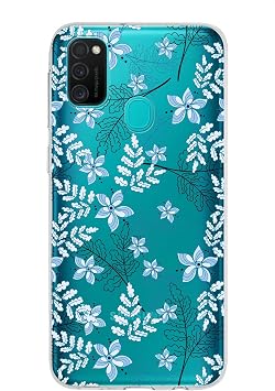 PrintiFy Samsung Galaxy M21 ile Uyumlu Kapak Floral Mavi Tasarımlı 1mm Fit Şeffaf Silikon Kılıf