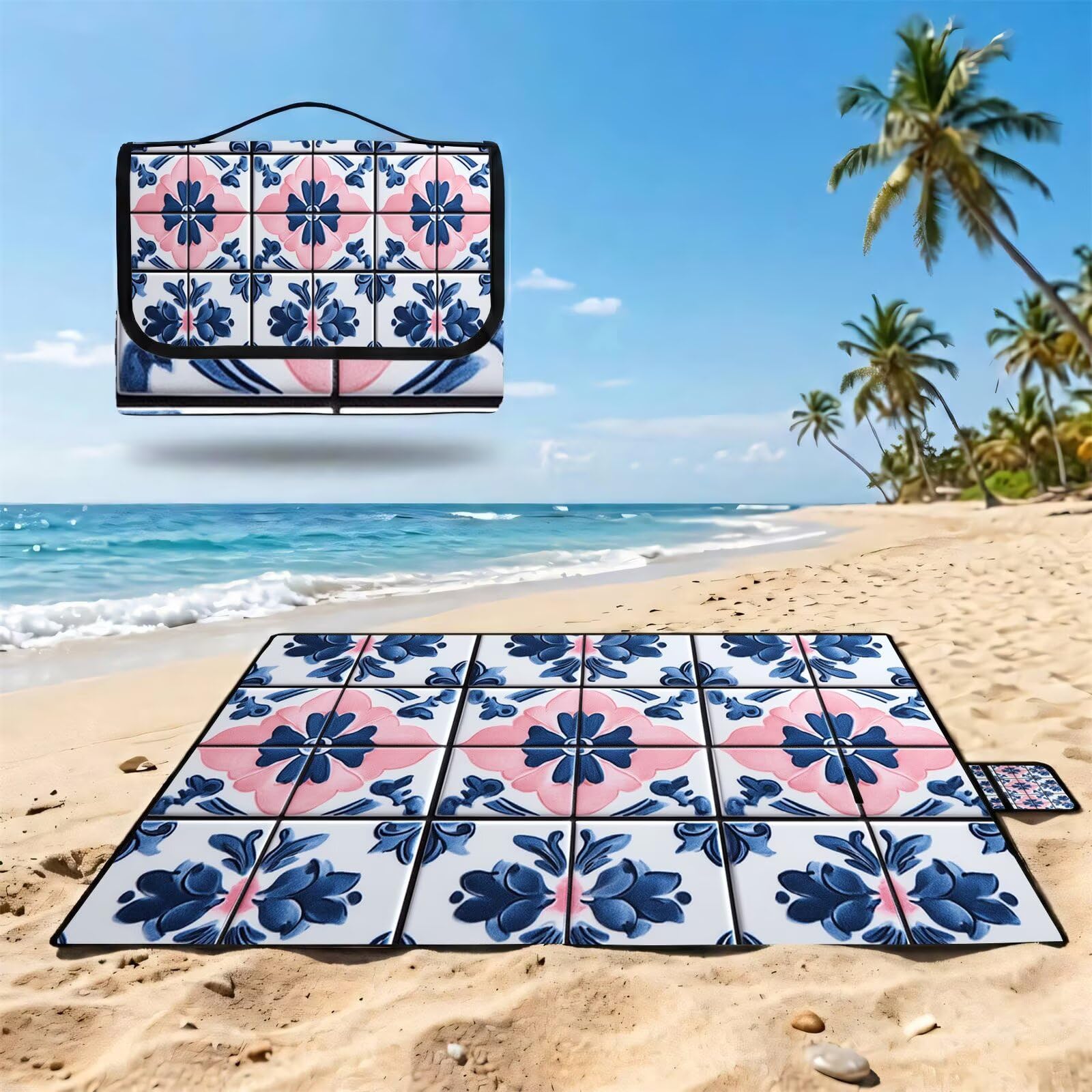 Manta de Picnic 150x200 cm, Bohemia Manta Picnic Impermeable, a Cuadros Esterilla de Playa Alfombra de Exterior, Picnic Blanket Plegable con Asa para Camping, Jardín, Césped, Playa, Senderismo FZ-162