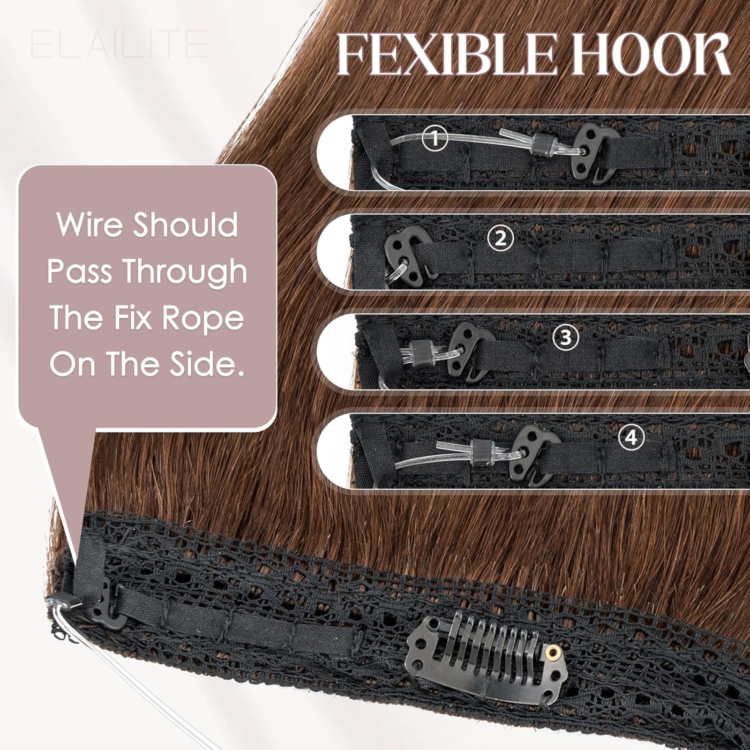 Elailite Halo Hair Extensions Real Human Hair for Women Medium Brown Clip in Straight Remy Hairpiece with Adjustable Invisible Wire 14 Inch 60G