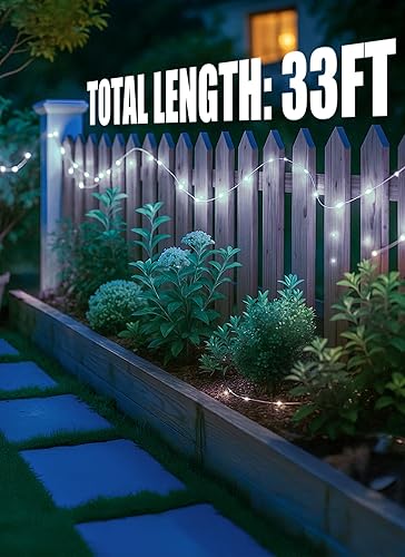 Miniatura 6 de Minetom Guirnalda de luces solares para exteriores, 33 pies, 100 luces LED solares para exteriores, 8 modos de luces de balcón para árbol, patio,