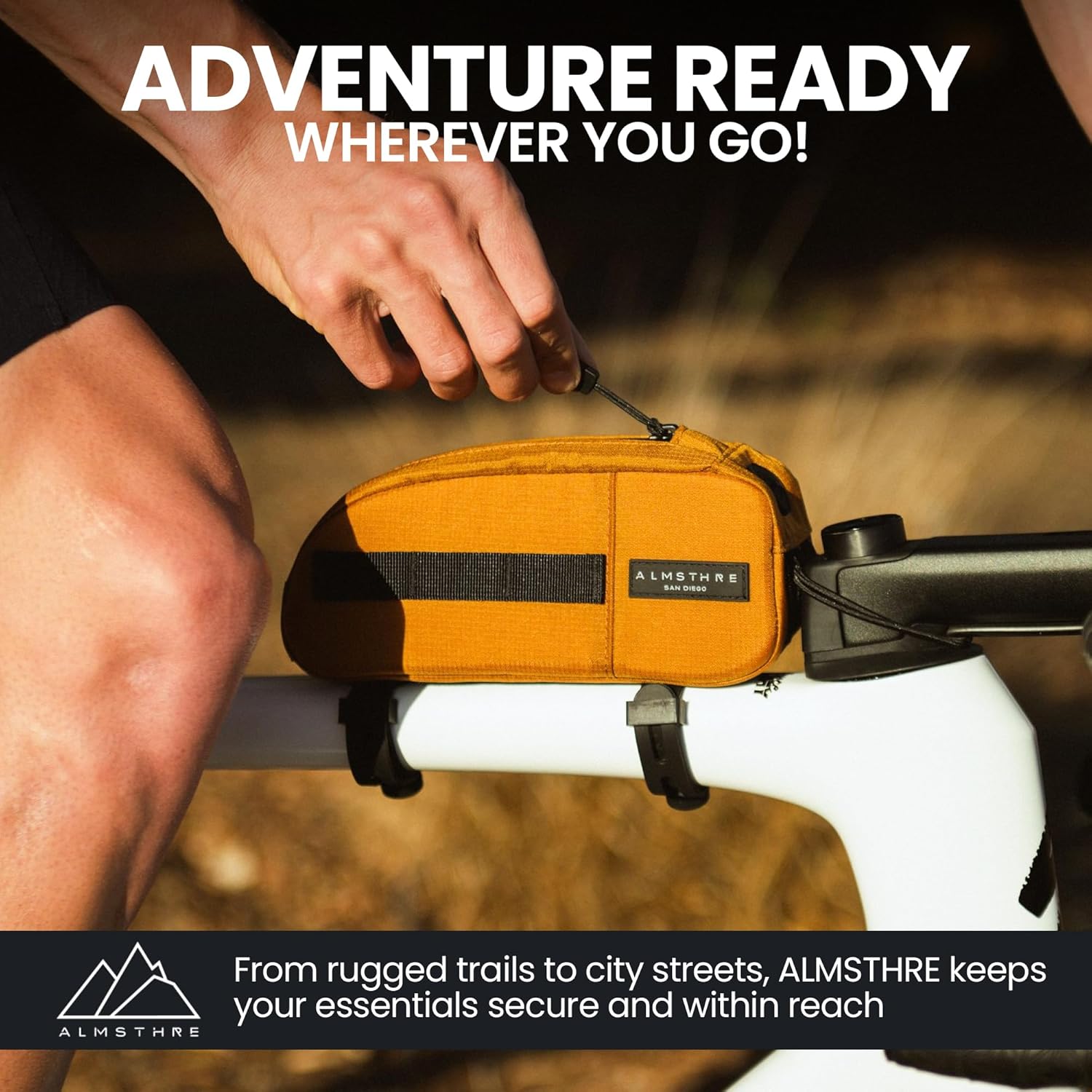 ALMSTHRE Signature Bike Saddle Bag Bundle - Gold | Top Tube Bike Bag, Bike Saddle Bag & Ride Wallet Set | Top Tube Bag with Straps, Bolts & Tether Cord | Waterproof Zippers Across All Items