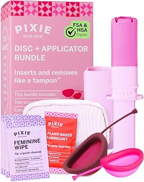 Pixie Cup - 100% Medical-Grade Silicone - Softest Reusable Period Disc - Inserts and Removes Like a Tampon - Capacity of 5 and 7 Tampons Disc + Applicator Bundle