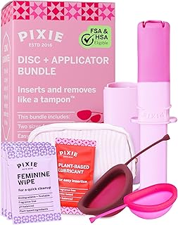 Pixie Cup - 100% Medical-Grade Silicone - Softest Reusable Period Disc - Inserts and Removes Like a Tampon - Capacity of 5 and 7 Tampons (Disc + Applicator Bundle)