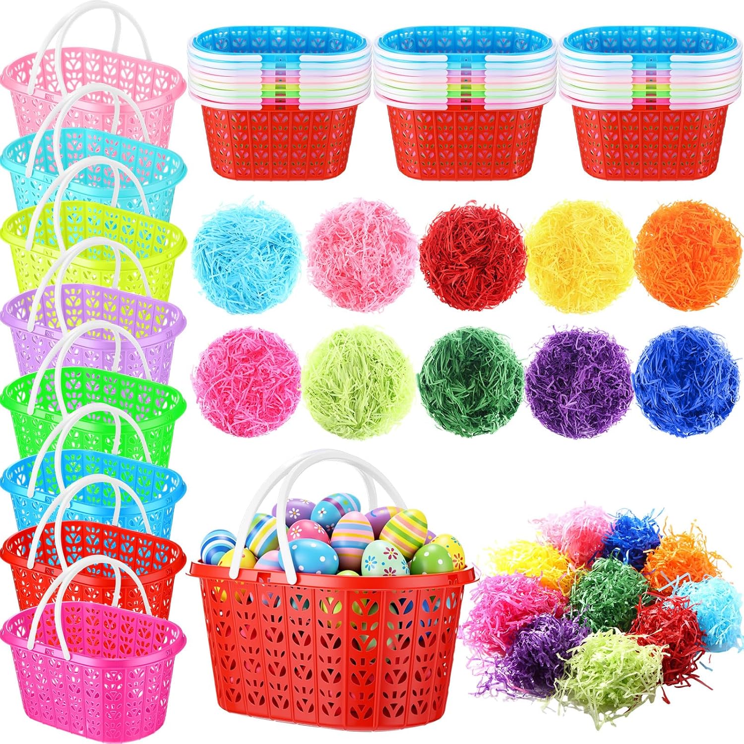Wenqik 50 Pcs Plastic Easter Baskets for Kids Bulk Easter Egg Baskets Empty Easter Plastic Buckets for Kids with Handle Easter Grass Stuffers Fillers for Party Favor egg Hunt Gift (Classic)