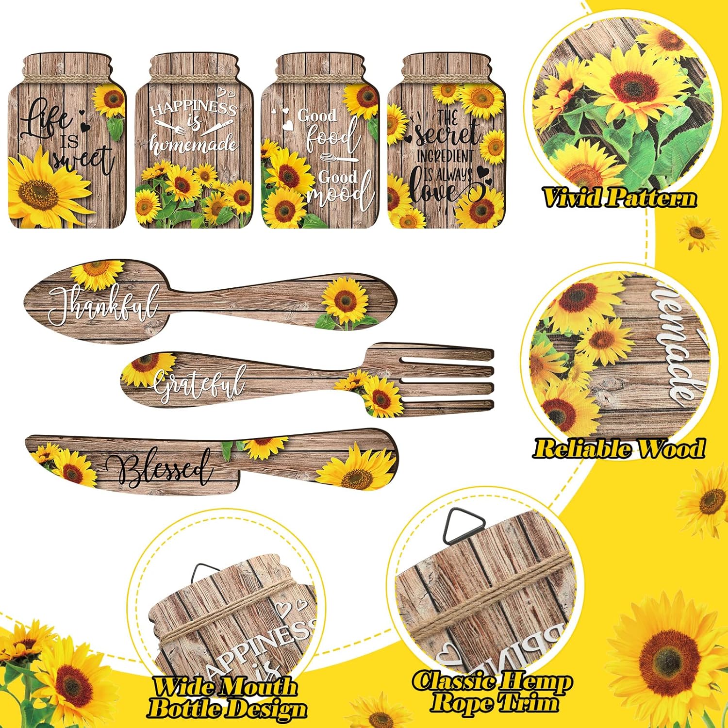 Roshtia 7 Pcs Sunflower Kitchen Decor Kitchen Wall Decor Accessories Mason Jar Set Wooden Rustic Hanging Sunflower Wall Art Knife Fork and Spoon Wall Decor Farmhouse Kitchen Signs Plaques for Home : Home & Kitchen