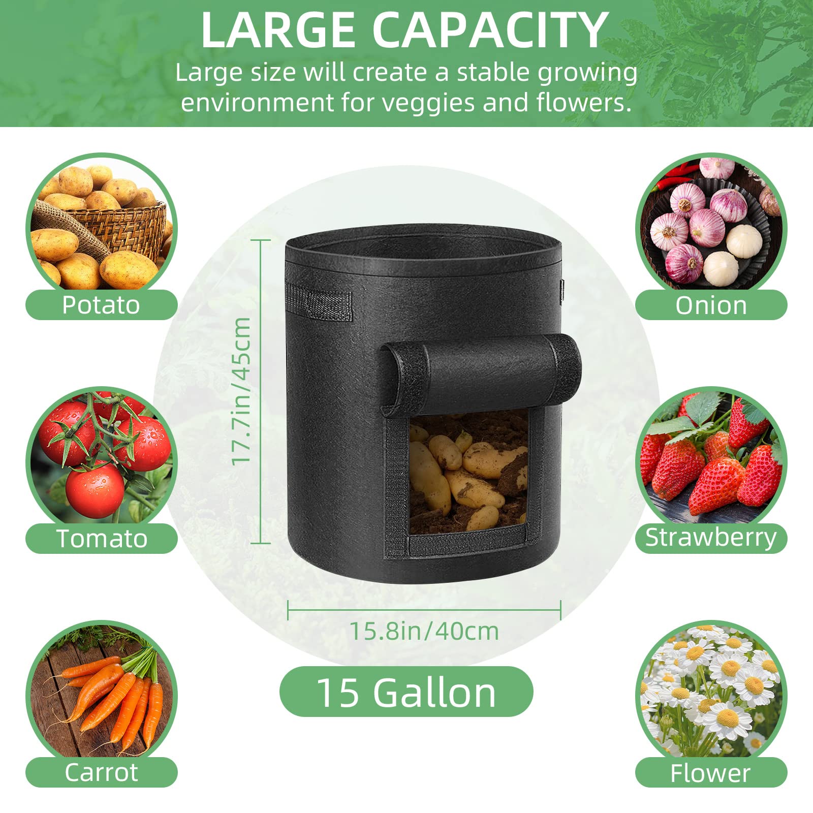 LITLANDSTAR Paquete de 6 bolsas de cultivo de patatas de 15 galones, bolsa de plantas de jardín de tela no tejida resistente con solapa y asas, macetas de tela de aireación para cultivar verduras,