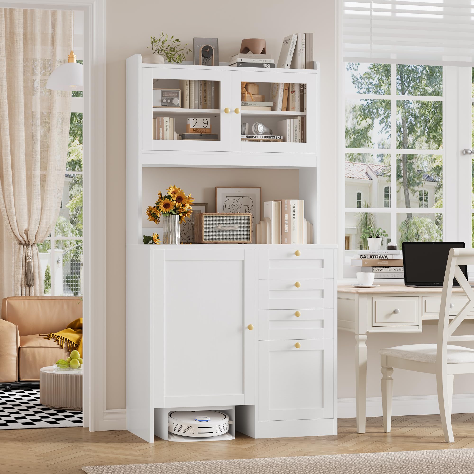 70.8"H Tall Robot Vacuum Stand Cabinet with 4 Drawers for Hanging Files, Pantry Storage Cabinet with Microwave Stand Printer Stand and Adjustable