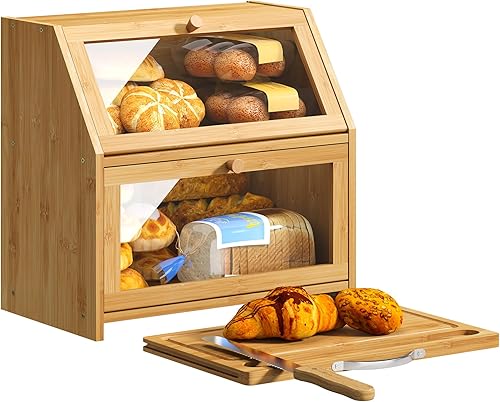 BMOSU Panera con tabla de cortar, almacenamiento y organizador de pan de cocina, encimera de granja, panera doble de madera de bambú de gran