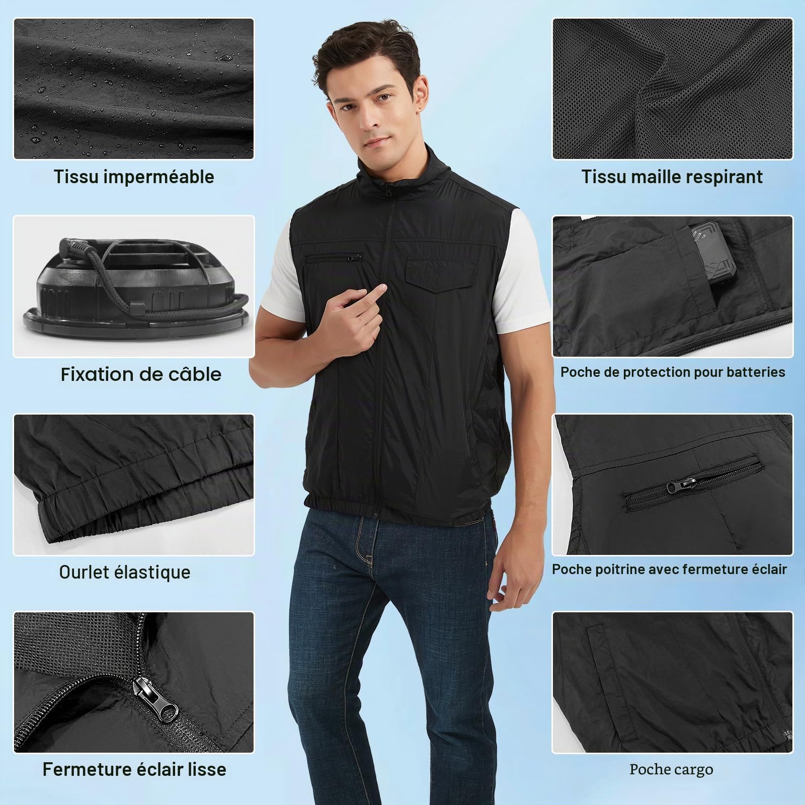 FERNIDA Gilet rafraîchissant 18 V avec batterie et 2 ventilateurs pour soulager la chaleur estivale, vêtements de climatisation respirants