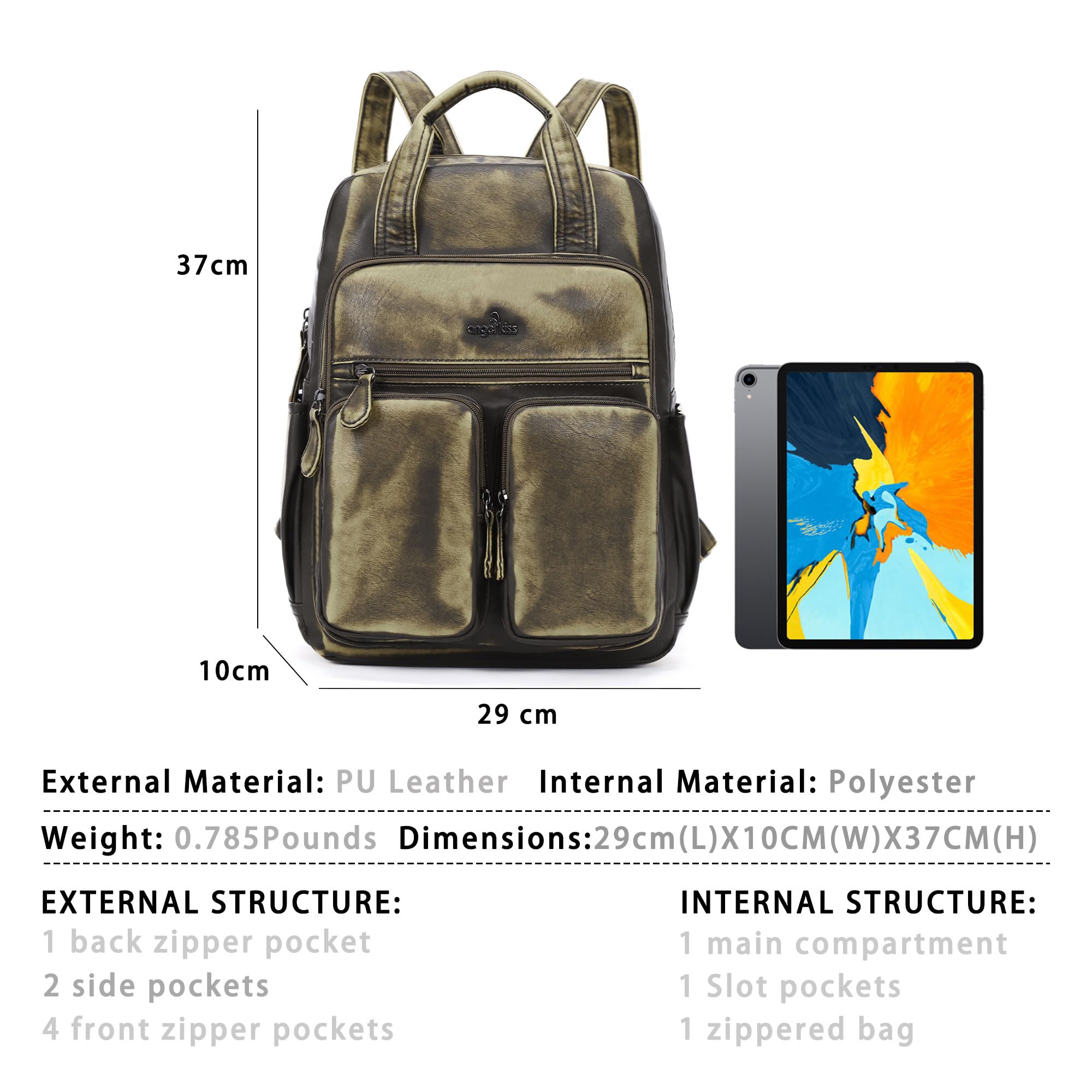 Angel Kiss Rucksack für Damen, weiches gewaschenes Leder, mehrere Taschen, lässiger Reiserucksack