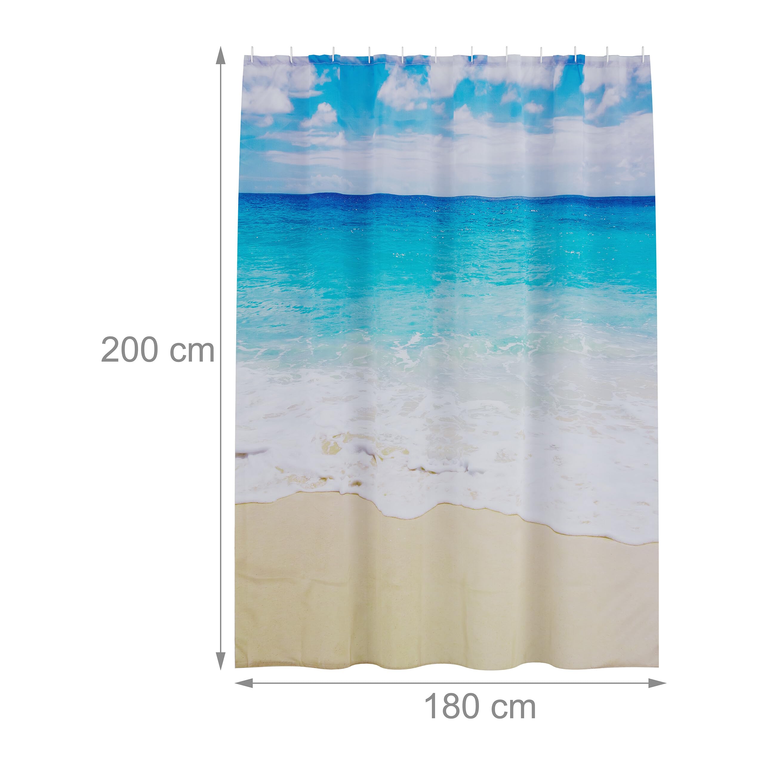 Relaxdays Plaża Design Zasłona Prysznicowa, Łazienka, 180 x 200 cm, Antypleśniowa, Zmywalna, 12 Pierścieni, Do Wanny, Wielobarwna, Poliester