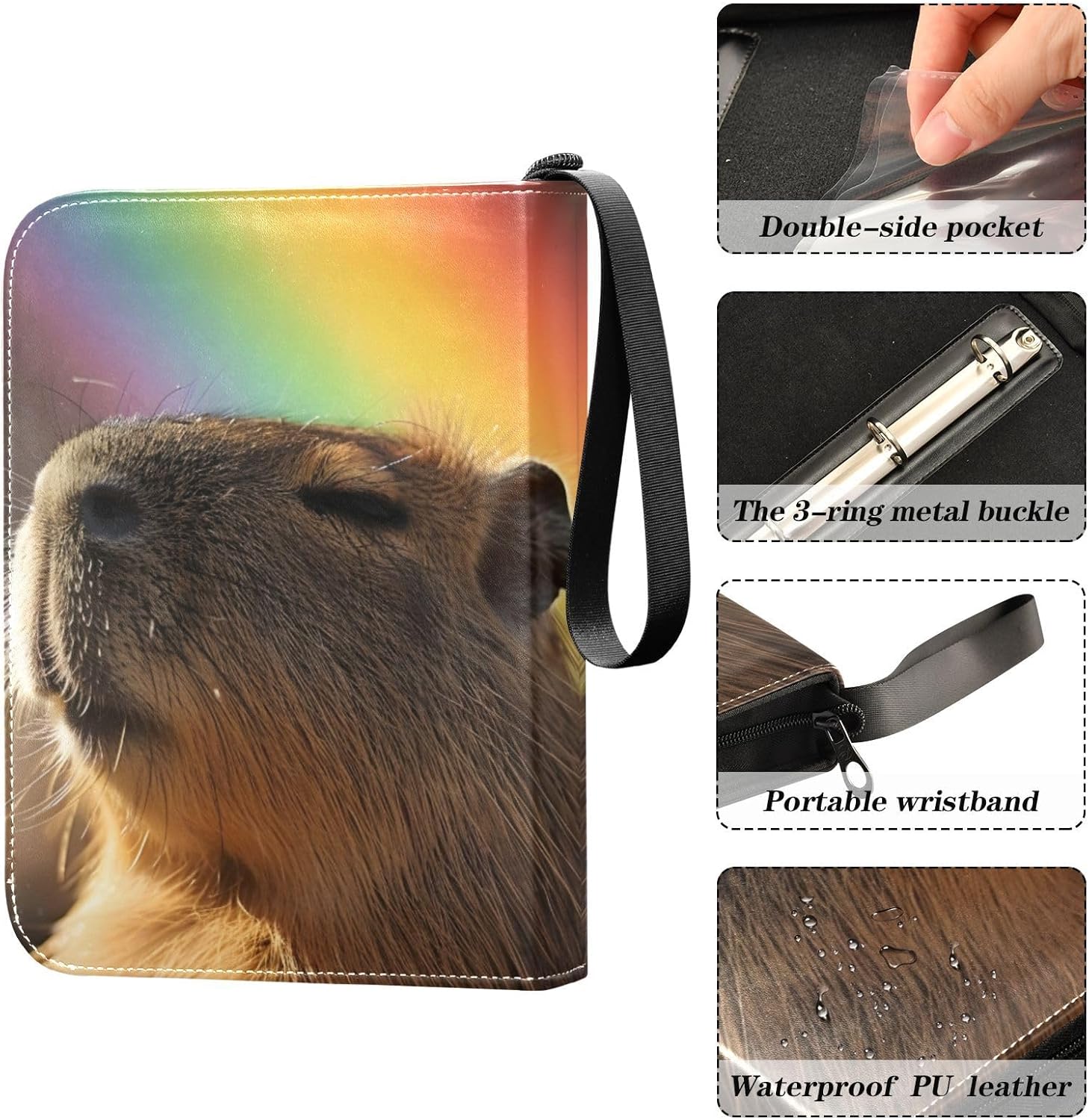4 Pockets Trading Card Album Holder Book Folder Sports Card Binder Capybara and Rainbow 400 Double Side Pockets for 3 Ring Binder Zipper
