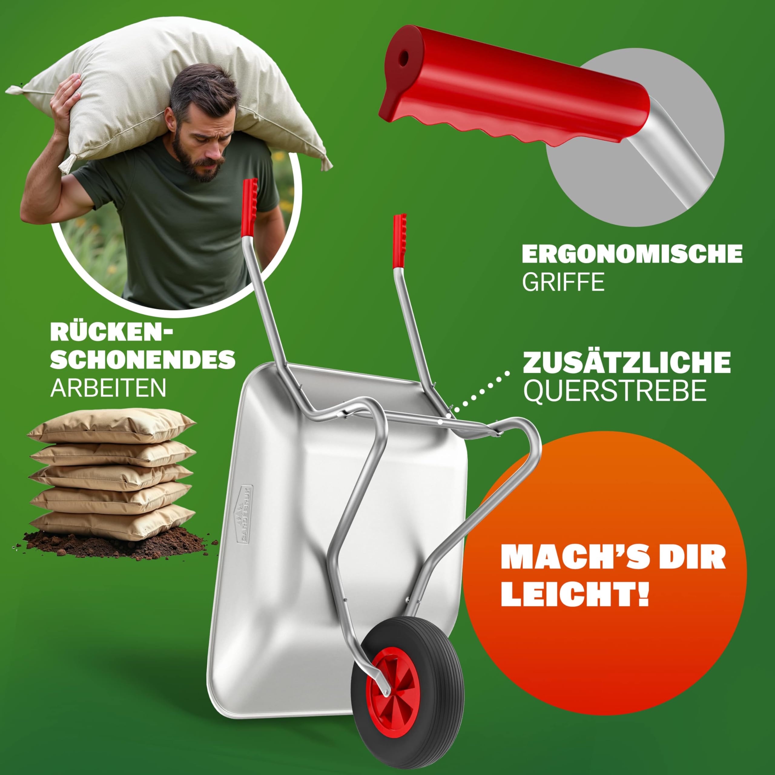 GARDEBRUK® Schubkarre 80 Liter bis 100kg Luftreifen mit Stahlfelge verzinkt Garten Bauschubkarre Gartenschubkarre