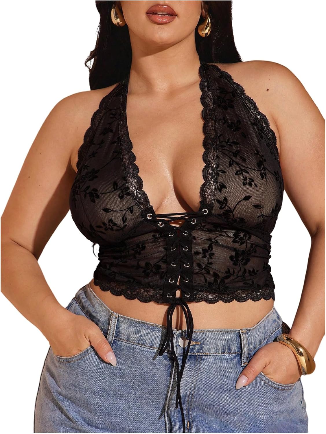 MakeMeChic Women's Plus Size Lace Sheer Halter Crop Tops Deep V Neck Open Back Lace Up Party Corset Tops