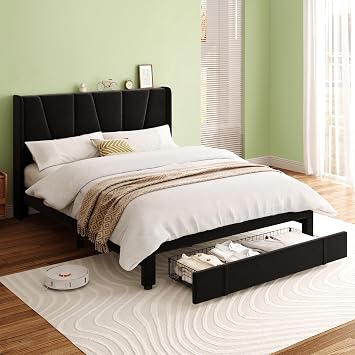 Double Bed Frame, 4ft7 Upholstered Platform Bed with Tufted Headboard & Wing Side and Storage Drawers, Wood Slat Support, Mattress Foundation, No Box Spring Needed, Black