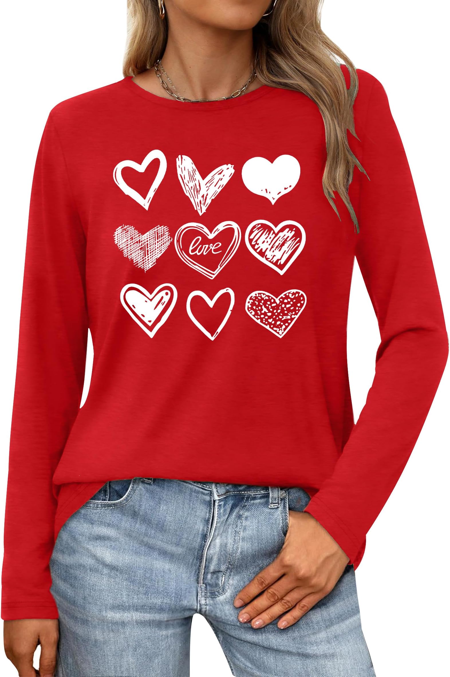 PECHAR Valentines Shirts Women Lover Heart Graphic Shirt Pullover Long Sleeve Tee Tops
