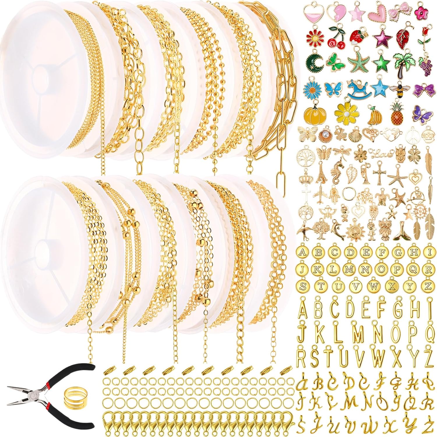12 Rolls 39.4 Feet Gold Chains for Jewelry Making DIY Necklace Bracelet Chains Bulk Kit 178 Bracelet Charms 350 Jump Rings 80 Lobster Clasps Pliers Accessories Mother Day Graduation DIY Gift for Women